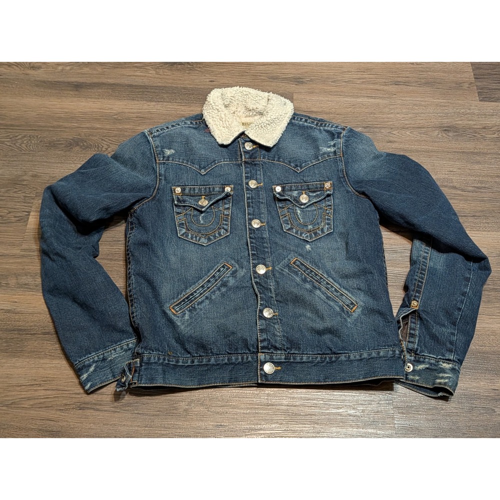True Religion Jimmy Sherpa Lined Denim Jacket Mens Large Distressed Blue Trucker